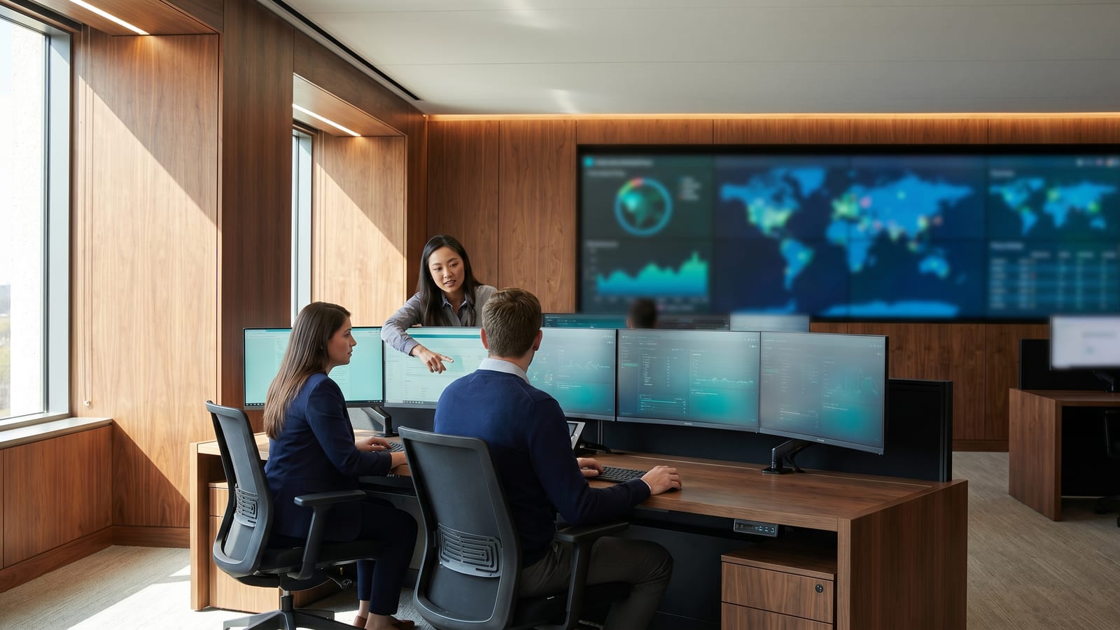 Analysts in a security operations center watching monitoring dashboards on a video wall.